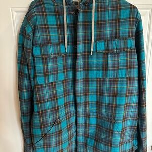 21men Teal and Brown Plaid Hooded Zip Up Jacket